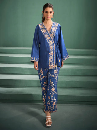 Blue Silk Blend Embroidered Co-Ord Set