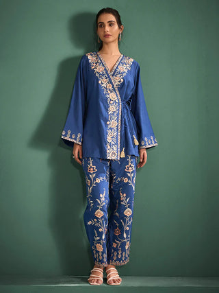 Blue Silk Blend Embroidered Co-Ord Set