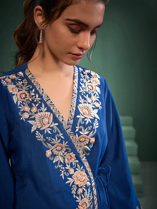 Blue Silk Blend Embroidered Co-Ord Set