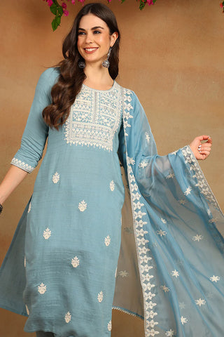 Blue Silk Blend Embroidered Straight Shape Suit Set with Organza Dupatta