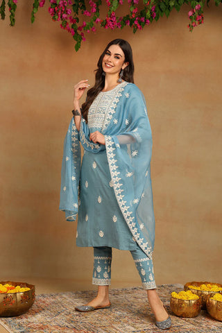 Blue Silk Blend Embroidered Straight Shape Suit Set with Organza Dupatta