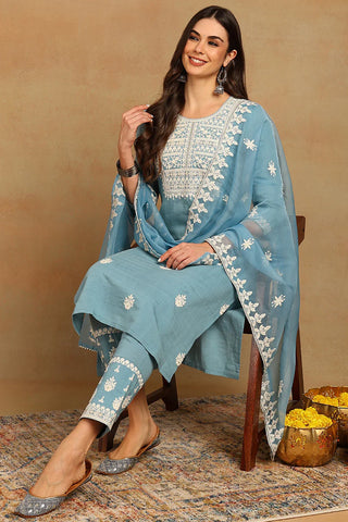 Blue Silk Blend Embroidered Straight Shape Suit Set with Organza Dupatta