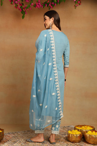 Blue Silk Blend Embroidered Straight Shape Suit Set with Organza Dupatta