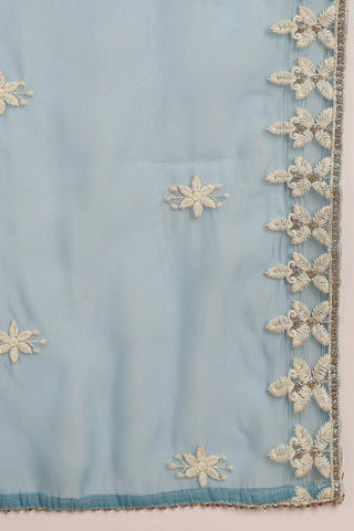 Blue Silk Blend Embroidered Straight Shape Suit Set with Organza Dupatta