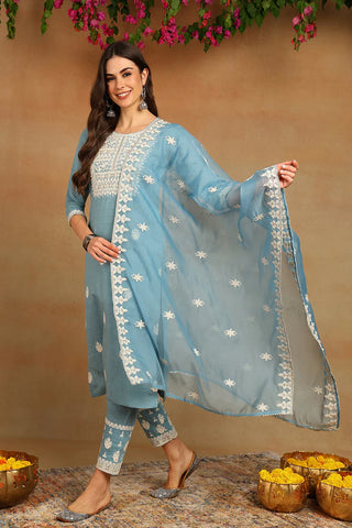 Blue Silk Blend Embroidered Straight Shape Suit Set with Organza Dupatta