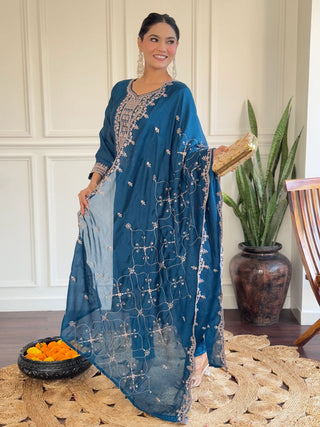 Blue Silk Embroidered Suit Set with Dupatta