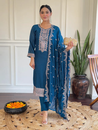 Blue Silk Embroidered Suit Set with Dupatta