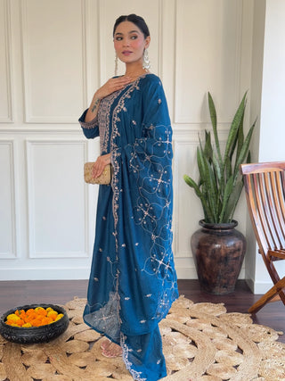 Blue Silk Embroidered Suit Set with Dupatta