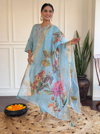 Sky Blue Viscose Chanderi Embroidered & Printed Suit Set with Jacquard Silk Dupatta