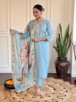 Sky Blue Viscose Chanderi Embroidered & Printed Suit Set with Jacquard Silk Dupatta