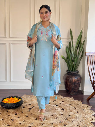 Sky Blue Viscose Chanderi Embroidered & Printed Suit Set with Jacquard Silk Dupatta