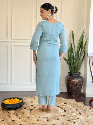 Sky Blue Viscose Chanderi Embroidered & Printed Suit Set with Jacquard Silk Dupatta