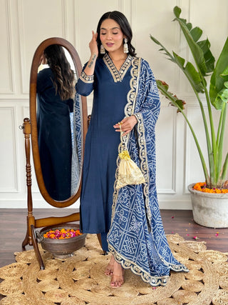 Teal Blue Viscose Chanderi Embroidered Suit Set with Silk Blend Dupatta