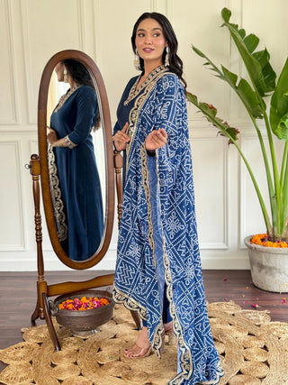 Teal Blue Viscose Chanderi Embroidered Suit Set with Silk Blend Dupatta