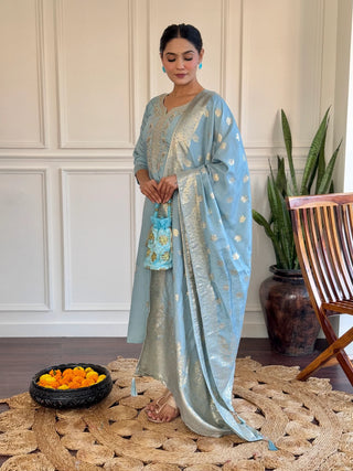 Sky Blue Viscose Chanderi Embroidered & Printed Suit Set with Jacquard Silk Dupatta