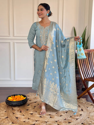 Sky Blue Viscose Chanderi Embroidered & Printed Suit Set with Jacquard Silk Dupatta