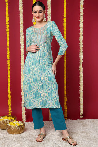 Blue Viscose Rayon Abstract Print & Embroidered Straight Shape Kurta