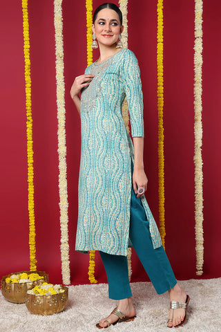 Blue Viscose Rayon Abstract Print & Embroidered Straight Shape Kurta