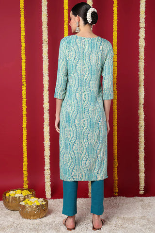 Blue Viscose Rayon Abstract Print & Embroidered Straight Shape Kurta