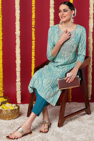 Blue Viscose Rayon Abstract Print & Embroidered Straight Shape Kurta