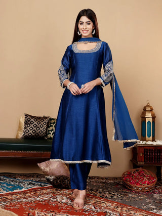 Royal Blue Silk Blend Zari Embroidered & Sequin Embellished Anarkali Suit Set with Net Dupatta