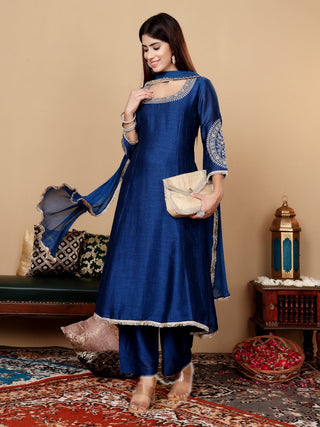 Royal Blue Silk Blend Zari Embroidered & Sequin Embellished Anarkali Suit Set with Net Dupatta