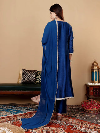 Royal Blue Silk Blend Zari Embroidered & Sequin Embellished Anarkali Suit Set with Net Dupatta