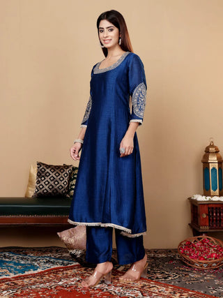 Royal Blue Silk Blend Zari Embroidered & Sequin Embellished Anarkali Suit Set with Net Dupatta