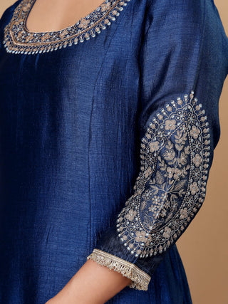 Royal Blue Silk Blend Zari Embroidered & Sequin Embellished Anarkali Suit Set with Net Dupatta