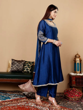 Royal Blue Silk Blend Zari Embroidered & Sequin Embellished Anarkali Suit Set with Net Dupatta