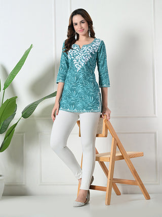 Blue Cotton Embroidered Short Kurta