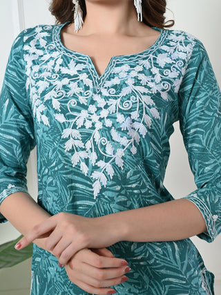 Blue Cotton Embroidered Short Kurta