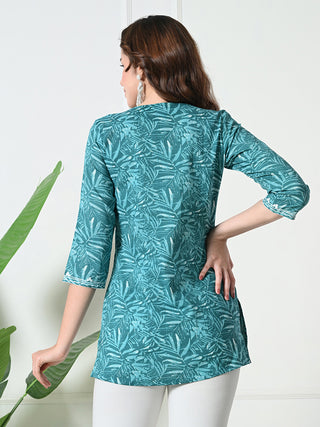 Blue Cotton Embroidered Short Kurta