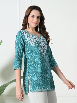 Blue Cotton Embroidered Short Kurta