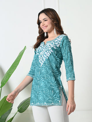 Blue Cotton Embroidered Short Kurta