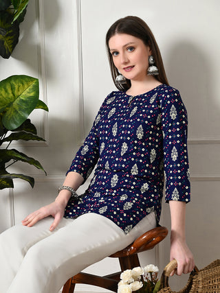 Blue Cotton Geometric Print Short Kurta