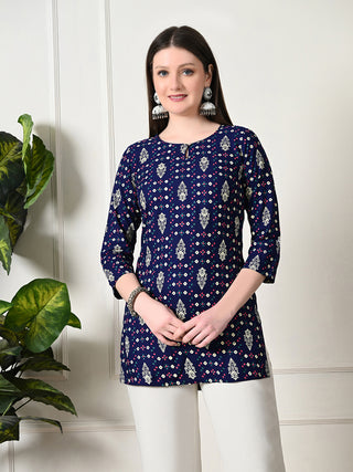 Blue Cotton Geometric Print Short Kurta