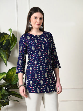 Blue Cotton Geometric Print Short Kurta