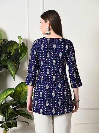 Blue Cotton Geometric Print Short Kurta