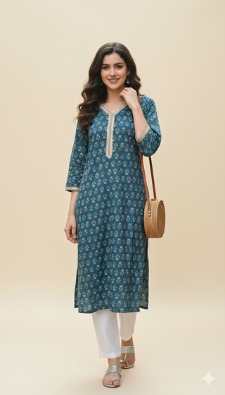 Blue Cotton Printed & Lace Detailing Straight Shape Kurta
