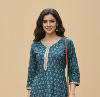 Blue Cotton Printed & Lace Detailing Straight Shape Kurta
