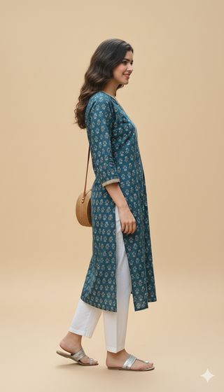 Blue Cotton Printed & Lace Detailing Straight Shape Kurta