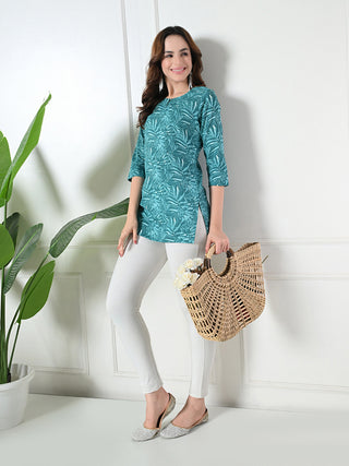 Blue Cotton Printed Short Kurta