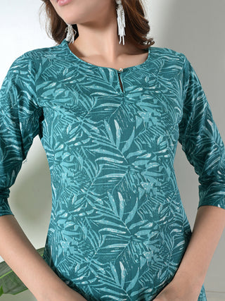 Blue Cotton Printed Short Kurta