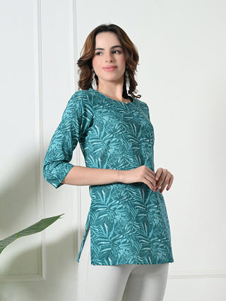 Blue Cotton Printed Short Kurta