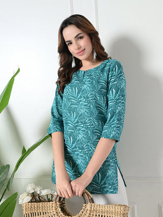 Blue Cotton Printed Short Kurta