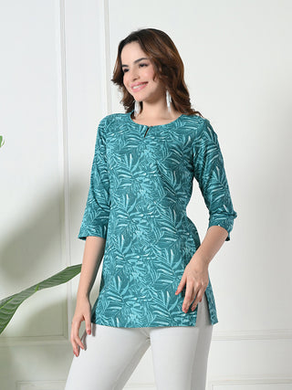Blue Cotton Printed Short Kurta