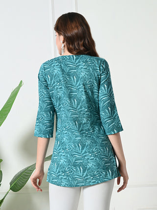 Blue Cotton Printed Short Kurta