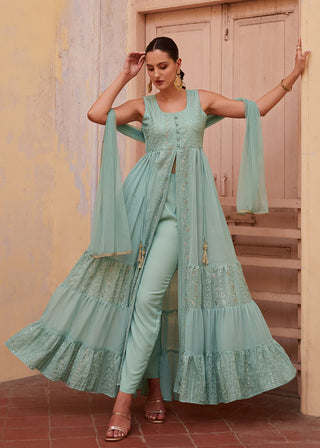 Blue Georgette Zari Embroidered Front Slit Suit Set with Net Dupatta