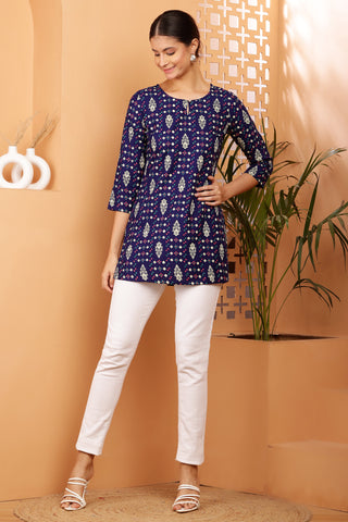 Blue Rayon Geometric Print Short Kurta